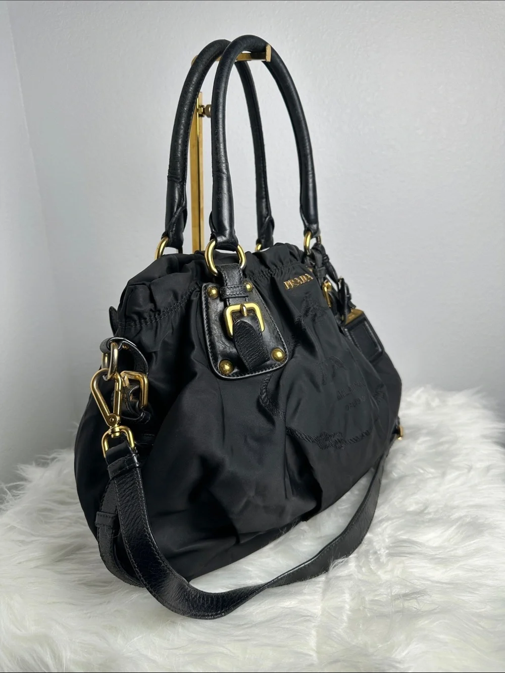 💯Authentic Prada Tessuto Nylon Gathered Satchel Shoulder Bag Black🍀